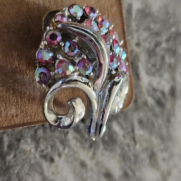VTG Coro Silver Tone Clip On Earrings Pink AB Stones Aurora Borealis Mod 1960s - Picture 13 of 14
